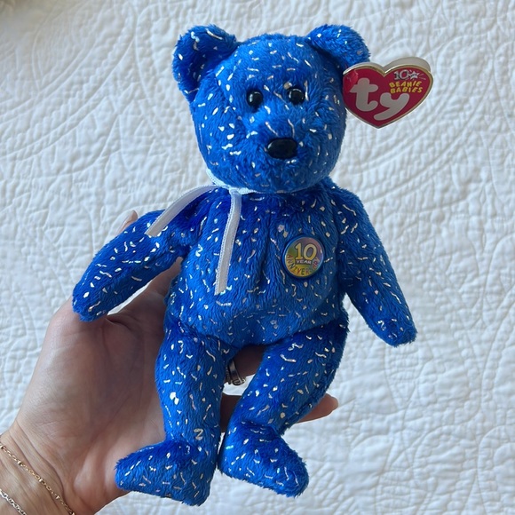 GIFTED Ty Beanie Babies Baby Blue Sparkly Decade Teddy Bear Rare Collectible - Picture 2 of 8